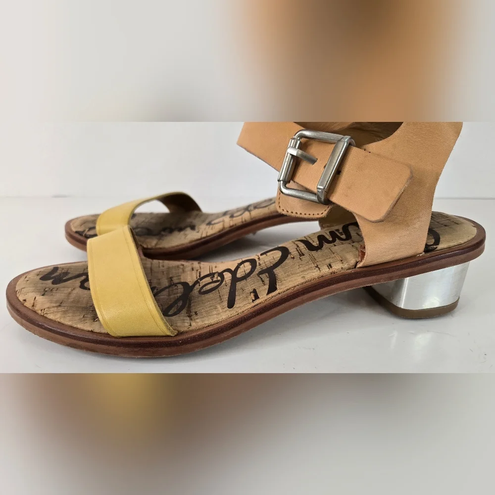 Sam Edelman‎ Trixie Sandals Size 7.5 Tan & Gold, Heel Buckle Ankles Toe Strap - Picture 5 of 10